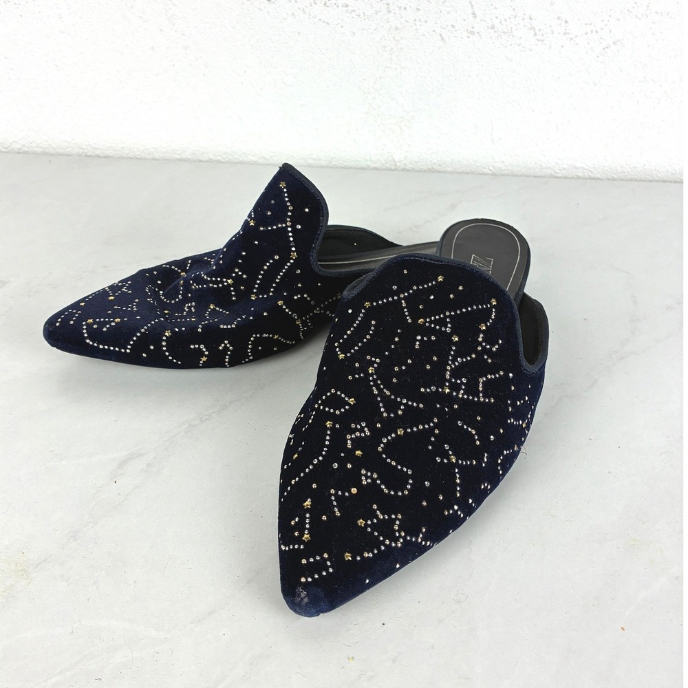Zara Navy Blue Velvet Celestial Studded Mules - 38- Pointed Toe Flat Slip On